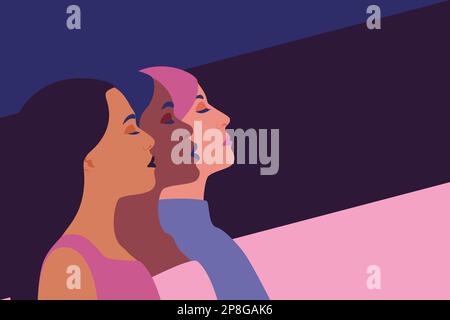 Womens proud heads abstract silhouettes background. Multiethnic females allyship. Girl power alliance for equal opportunities womens rights banner. International womens day. Vector illustration. Stock Vector