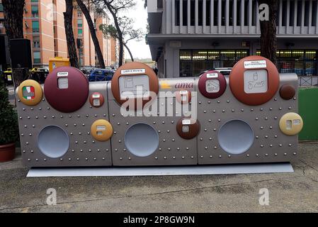 Rome, Italy. 09th Mar, 2023. Inauguration of a new bin for the collection and recycling of unusual products. New bins, designed by the students of the European Institute of Design (IED) in Rome, will be installed in all the town halls of the city. Credit: Vincenzo Nuzzolese/Alamy Live News Stock Photo