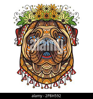 Abstract dog with decorative ornaments and doodle elements. Close up pug dog head. Vector illustration. For print, design, decor, T-shirt, emblem, tat Stock Vector