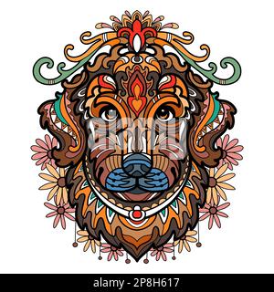 Abstract dog with decorative ornaments and doodle elements. Close up retriever dog head. Vector illustration. For print, design, decor, T-shirt, emble Stock Vector