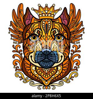 Abstract dog with decorative ornaments and doodle elements. Close up pitbull dog head. Vector illustration. For print, design, decor, T-shirt, emblem, Stock Vector