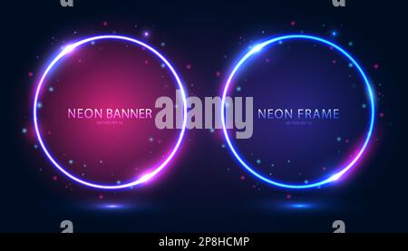 Round neon frames with shining effects and highlights on a dark background. Stock Vector