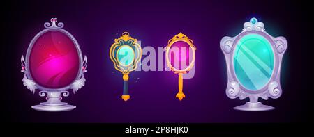 Vintage magic mirror with frame cartoon game illustration. Vector ui princess or witch object for fantasy or fairytale medieval interface. Antique decorative oval asset isolated on dark background. Stock Vector