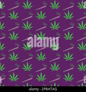 seamless repeating pattern vector design with marijuana cannabis icon and cannabis cigarette joint aligned vertically across the background. green Stock Vector