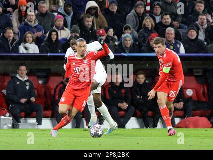Munich, Germany 08. March  2023: 10 Leroy Sane and Thomas MULLER of FcBayern, 31. El Chadaille BitshiabuFOOTBALL, UEFA CHAMPIONS LEAGUE,  Fc Bayern Muenchen vs PSG, Paris Saint Germain, Round of 16 2nd leg on Wednesday 8. March 2023 in Munich at the Allianz Arena football stadium,  result 2:0, (Photo by  ©  Arthur THILL / ATPimages) (THILL Arthur / ATP / SPP) Stock Photo