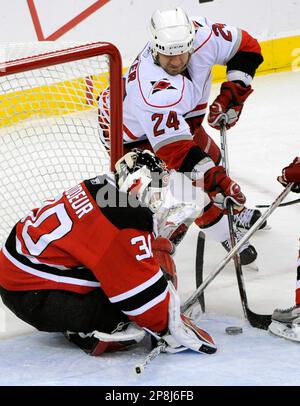 New Jersey Devils goalie Martin Brodeur makes a save against the Anaheim  Mighty Ducks in the first period of play at the Arrowhead Pond in Anaheim,  California on Wednesday 26, November 2003.