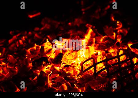 Wood burns in an evening fire Stock Photo