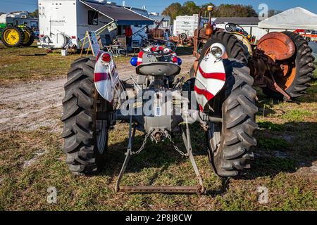 Fort Meade, FL - February 24, 2022: High perspective rear view of a 1947 Ford 2N Farm Tractor at a local tractor show. Stock Photo