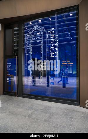 Exterior of the entrance to London Mithraeum, a small museum housing the remains of a Roman Mithraeum. Walbrook, City of London, England, UK Stock Photo