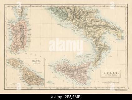 Old Map Inset Italy, south part. Inset Malta. Sardinia Sicily. SIDNEY HALL 1854 old ...