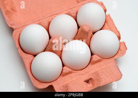 Half a dozen white chicken eggs in a carton Stock Photo