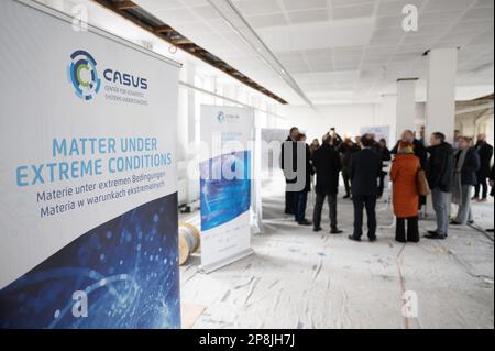 09 March 2023, Saxony, Görlitz: Participants of a press tour stand in the future Plant 1 of the Polish-German research center Casus - Center for Advanced Systems Understanding. The renovation work in Plant 1 is scheduled to be completed by the beginning of May 2023. CASUS will then move into its third building in Görlitz. Photo: Sebastian Kahnert/dpa Stock Photo