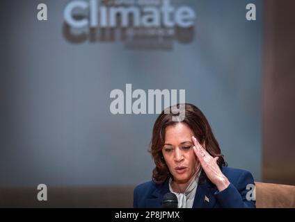 Miami Beach, USA. 08th Mar, 2023. The US Vice President Kamala Harris participates in a moderated conversation focused on 'the Biden-Harris administration's investments to combat the climate crisis and ongoing efforts to build a new clean energy economy that works for all' at the New World Symphony Auditorium in Miami Beach, Florida, USA, 08 March 2023. Next to Harris is songwriter Gloria Estefan. Credit: Sipa USA/Alamy Live News Stock Photo