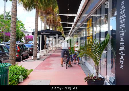 MIAMI BEACH, FL -15 FEB 2023- View of theTime Out Market Miami, an upscale curated gourmet food court located in Miami Beach, Florida. Stock Photo