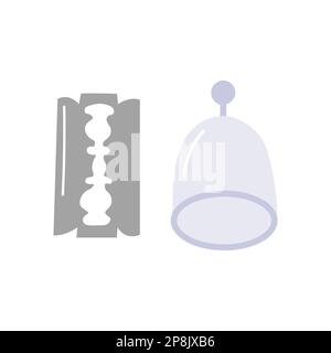 Hijama cups set with knife illustration. Cupping therapy medical concept cartoon logo. Stock Vector