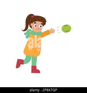 Cute girl throwing a ball. Outdoor baseball activity. Happy child throws ball Stock Vector