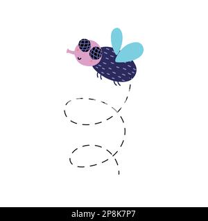 Cute fly character in the air in cartoon style. Funny flying insect isolated element Stock Vector