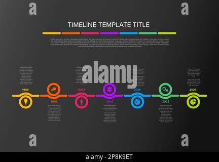 Vector dark color time line with icons in circles template made from six light circles with icons, descriptions and rainbow colorful arrows timeline i Stock Vector