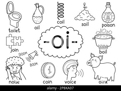 Oi digraph spelling rule black and white educational poster for kids with words Stock Vector