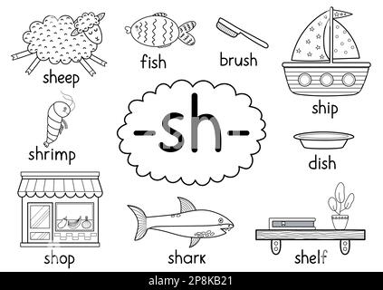 Sh digraph spelling rule black and white educational poster for kids Stock Vector