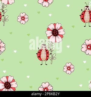 Seamless pattern with cute ladybug with flower on light green background with hearts. Vector illustration. Endless background for kids collection Stock Vector