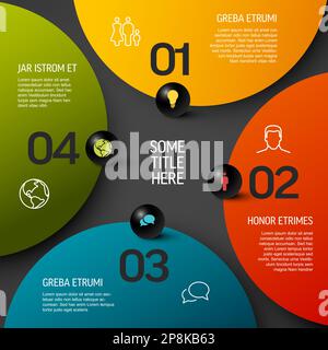Abstract dark schema template with four color sections or progress template with four steps on big color circles, numbers and icons on black spheres. Stock Vector