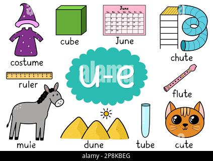 U-e digraph spelling rule educational poster for kids with words Stock Vector