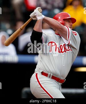 Philadelphia Phillies Pinch Hitter Matt Stairs connects on a Ronald  Belisario pitch in the top of the seventh inning, driving in two runs,  putting the Phillies ahead 2-0 (Credit Image: © Tony