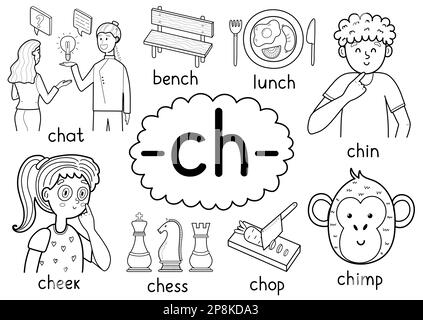 Ch digraph spelling rule black and white educational poster set for kids Stock Vector