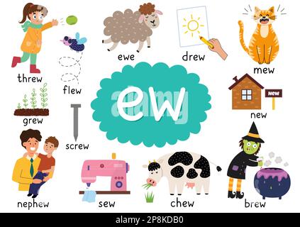 -Ew- digraph spelling rule educational poster for kids with words Stock Vector