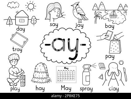 Ay digraph spelling rule black and white educational poster for kids Stock Vector