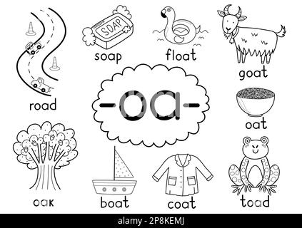 Oa digraph spelling rule black and white educational poster for kids with words Stock Vector