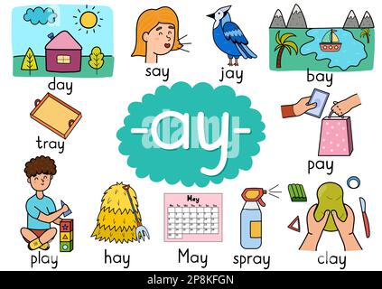 Ay digraph spelling rule educational poster set for kids Stock Vector