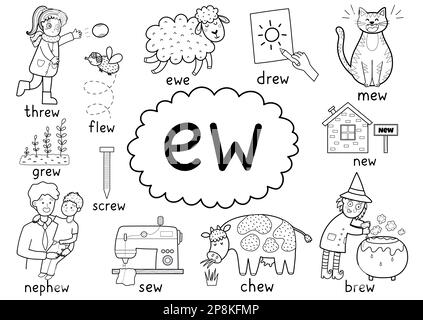 -Ew- digraph spelling rule black and white educational poster for kids with words Stock Vector