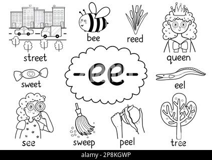 Ee digraph spelling rule black and white educational poster for kids Stock Vector