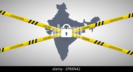 Lockdown in India - Vector Design Concept with Map of India, Cordon Line and Padlock -  Movement Control Order, Emergency State Restrictions to Fight Stock Vector