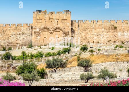 Golden Gate on the east wall of the Temple Mount dates back to 1541 AD and is the oldest of the eight gates of Jerusalem today. Stock Photo