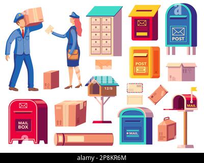 Postman and mail. Cartoon characters in mailman uniform with correspondence bag and mailbox, post delivery service concept. Vector set Stock Vector