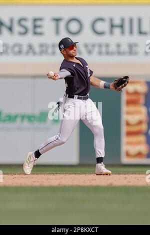 Lakeland FL USA; Detroit Tigers shortstop Gage Workman (27) fields a hard hit ball by Washington Nationals left fielder Daylen Lile (13) and throws to Stock Photo