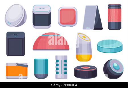 Smart speaker. Technology device with voice assistant and control interface, wireless internet technology portable home sound system. Vector flat set Stock Vector