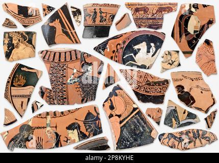 Background of ancient classical, greek terracotta fragments, collection of antique ceramics pieces of broken vase, amphora, jug and jar Stock Photo