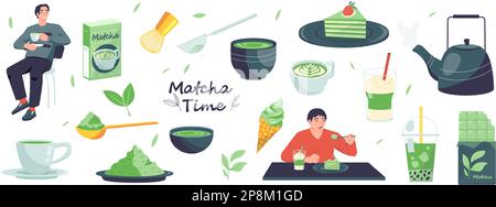 People with matcha. Cartoon characters with green tea, using matcha powder for desserts, traditional asian organic leaves for healthy sweets. Vector Stock Vector