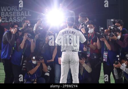 Japanese Shohei Ohtani celebrates after winning the World Baseball Classic ( WBC) Pool B match between Japan