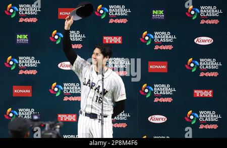 Japanese Shohei Ohtani celebrates after winning the World Baseball Classic ( WBC) Pool B match between Japan