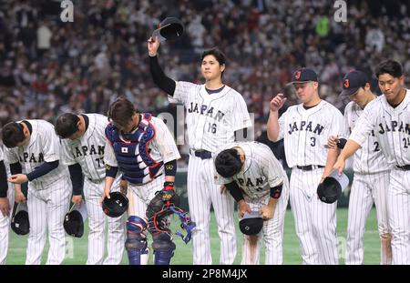 Japanese Shohei Ohtani celebrates after winning the World Baseball Classic ( WBC) Pool B match between Japan