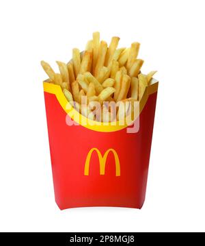 MYKOLAIV, UKRAINE - AUGUST 11, 2021: Big portion of McDonald's French fries isolated on white Stock Photo