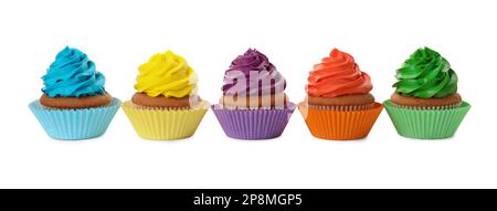 Different delicious colorful cupcakes on white background Stock Photo