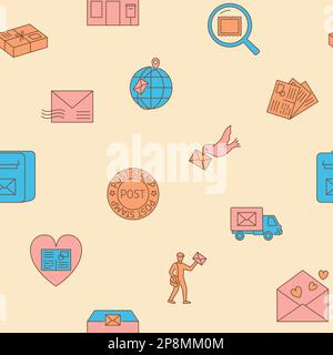Postcrossing seamless pattern in colored line style. Sending mail background. Vector illustration. Stock Vector
