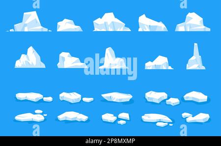 Ice floes. Antarctic floating glacier pieces, melting icebergs and frozen icy blocks, blue frost floe in cold water flat style. Vector cartoon set Stock Vector