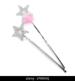 Beautiful silver magic wands on white background, top view Stock Photo